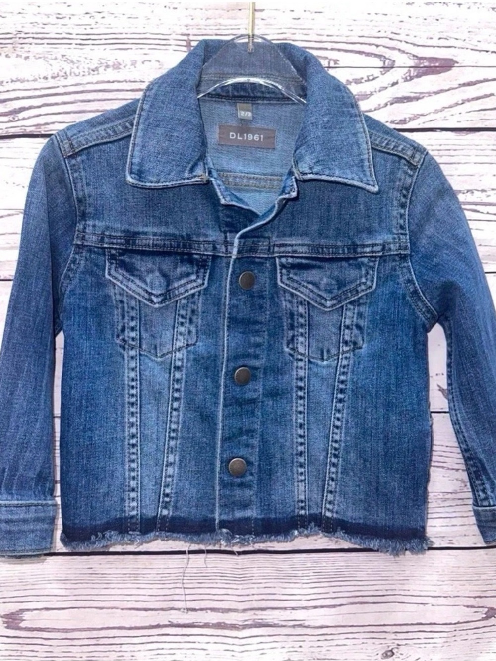DL1961 Kids' Dark Blue Denim Jacket with Frayed Hem